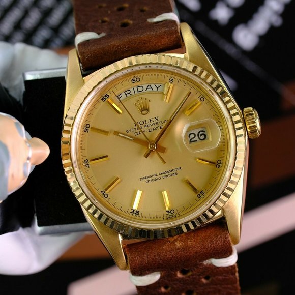 Rolex Day-date 1803 Factory Champagne Dial 18k Yellow Gold Men"s Leather Band - Picture 9 of 9